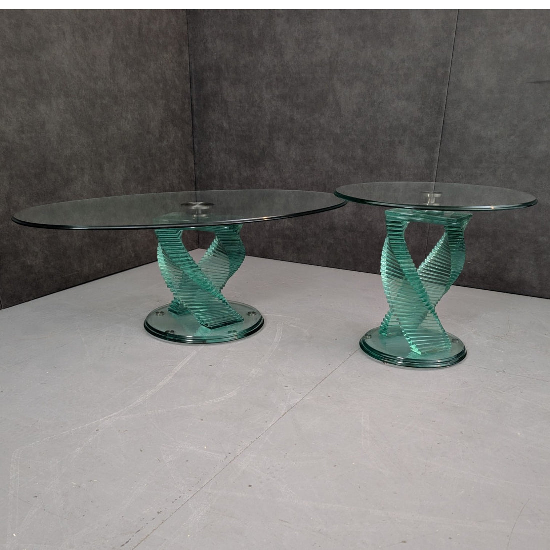 Circa 1980 Vintage Danny Lane Style Double Helix Glass Coffee Table