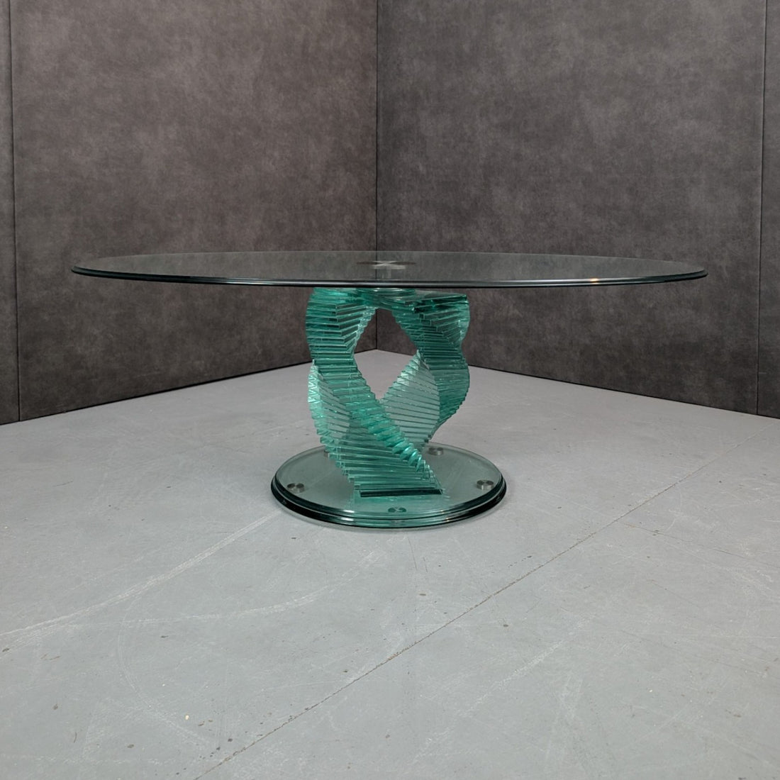 Circa 1980 Vintage Danny Lane Style Double Helix Glass Coffee Table