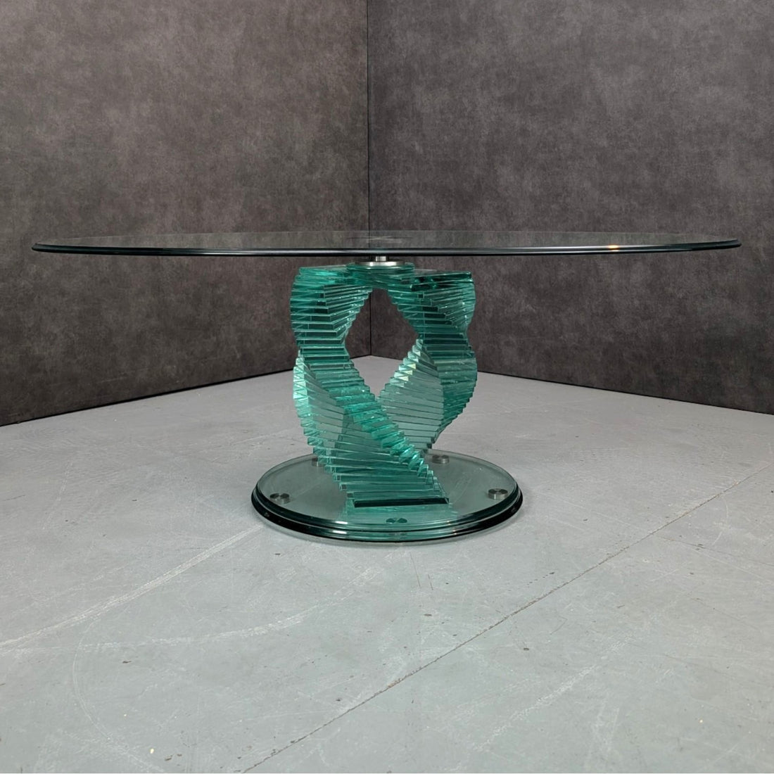 Circa 1980 Vintage Danny Lane Style Double Helix Glass Coffee Table