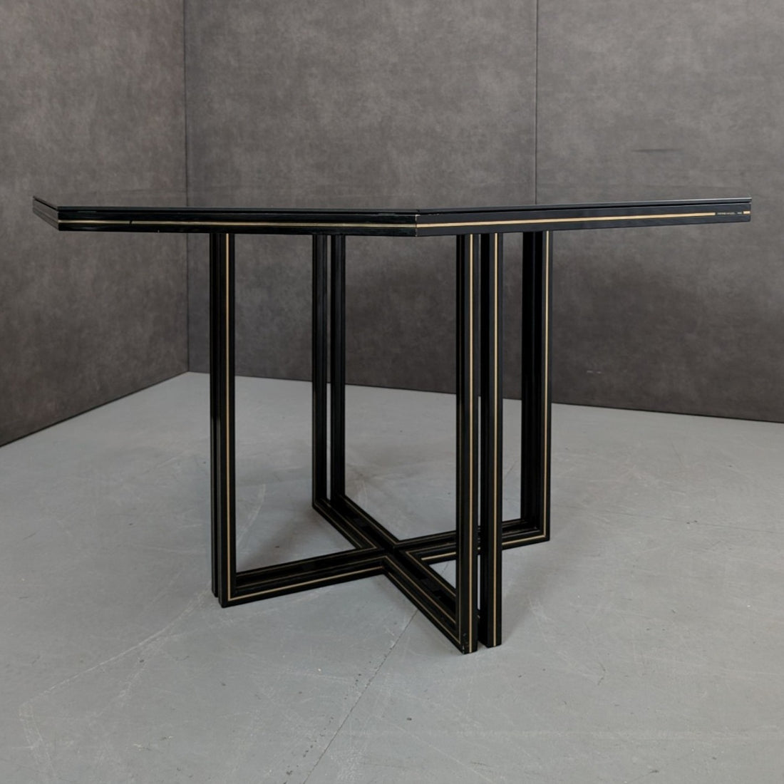 Pierre Vandel Octagonal Dining Table in Black Glass and Aluminium c.1980