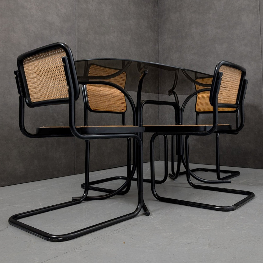 Italian Black Metal and Smoked Glass Dining Table with Cesca Chairs c.1970s–1980s