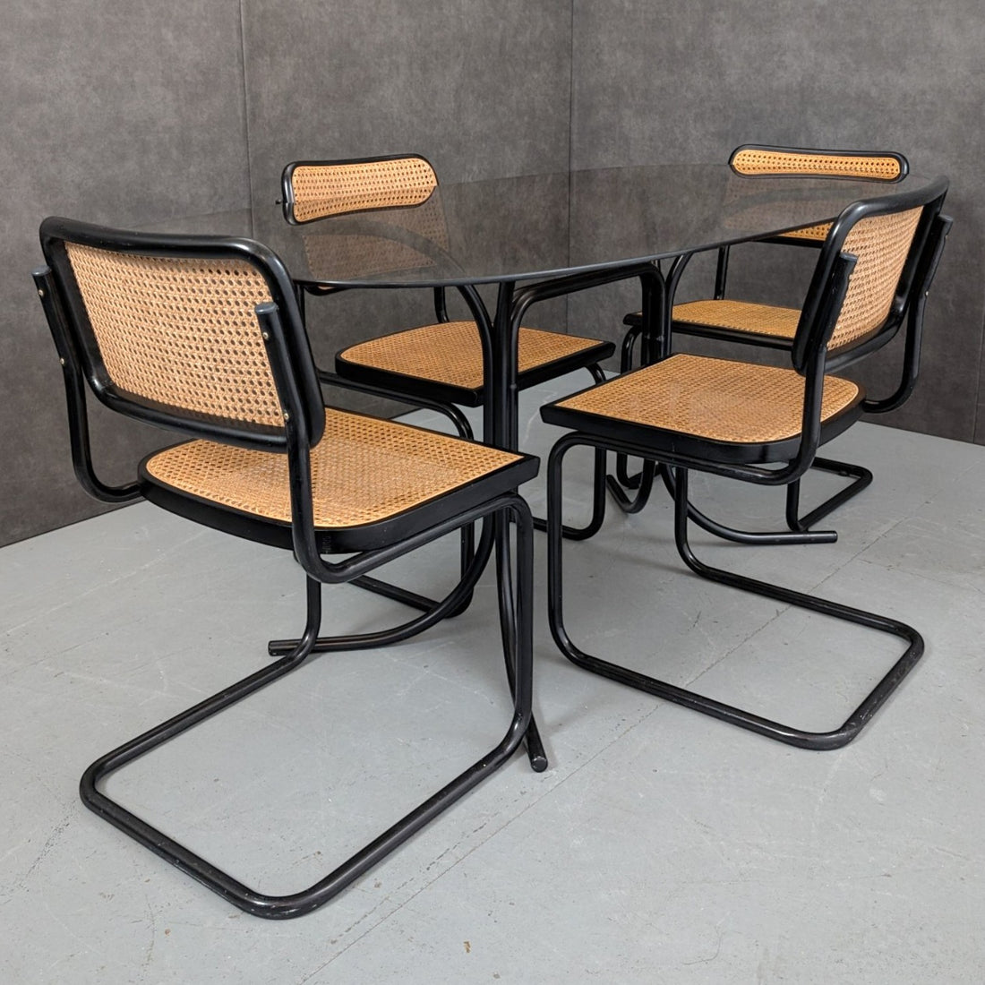 Italian Black Metal and Smoked Glass Dining Table with Cesca Chairs c.1970s–1980s