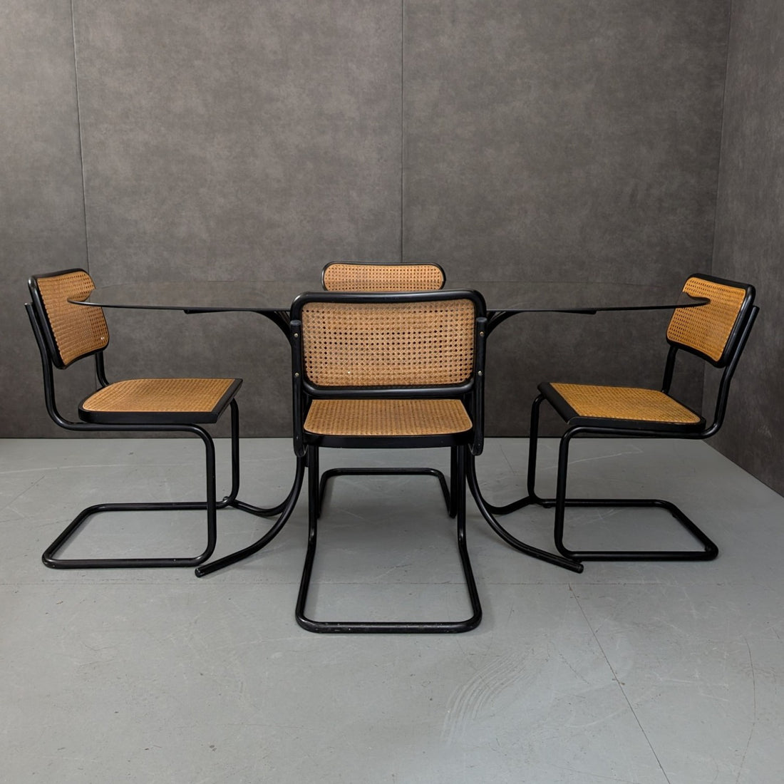 Italian Black Metal and Smoked Glass Dining Table with Cesca Chairs c.1970s–1980s