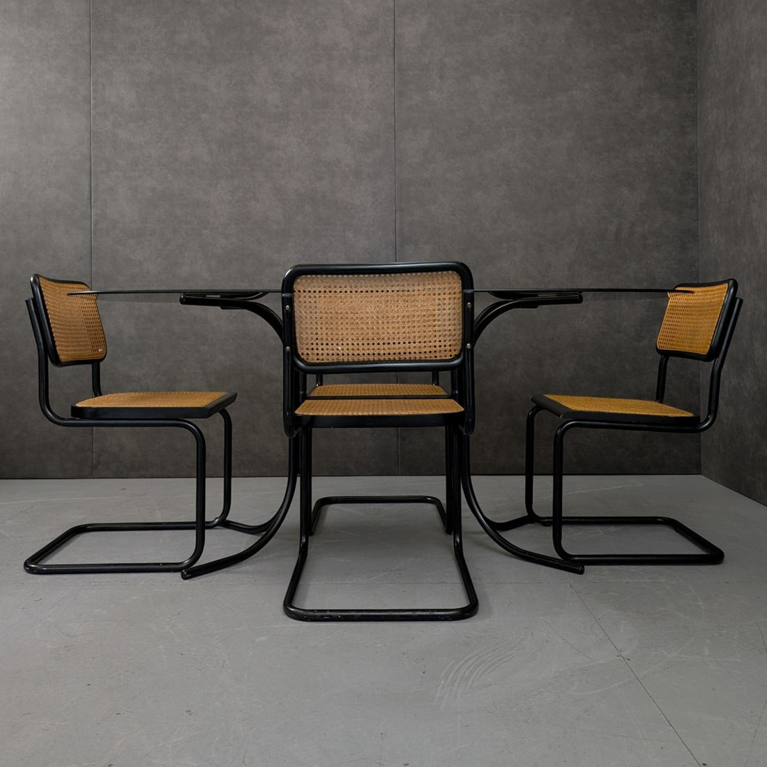 Italian Black Metal and Smoked Glass Dining Table with Cesca Chairs c.1970s–1980s