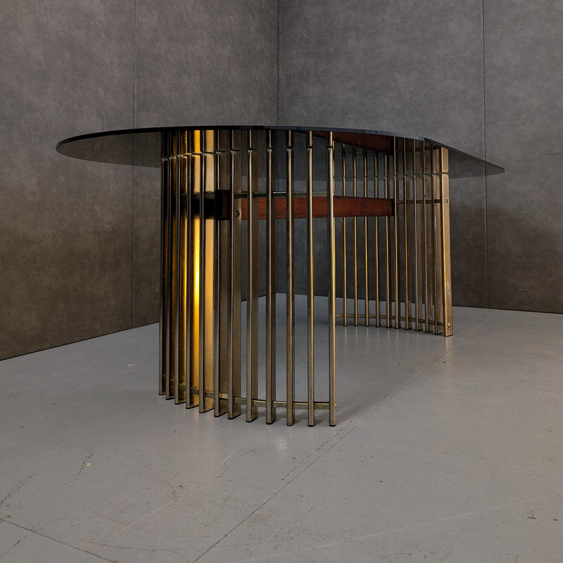 Wallace Furniture Dining Table Australia, Circa 1980s Aged Brass, Timber Stretcher Smoked Glass