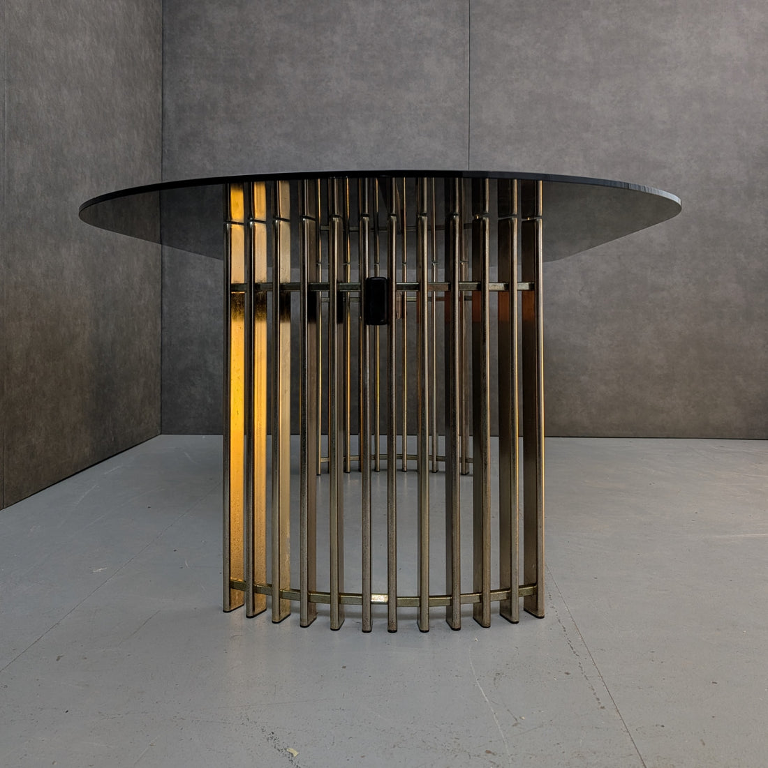Wallace Furniture Dining Table Australia, Circa 1980s Aged Brass, Timber Stretcher Smoked Glass