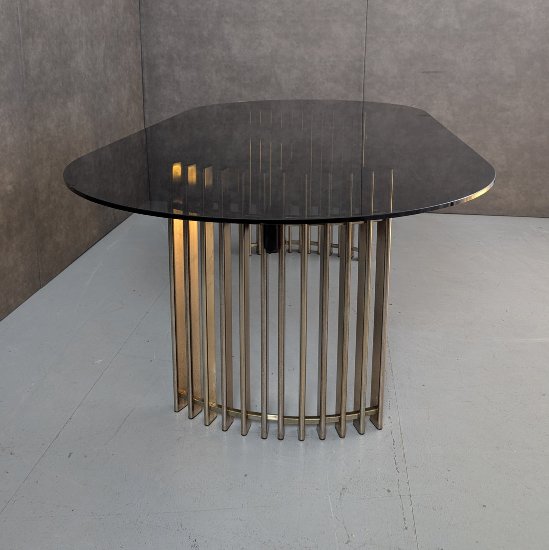 Wallace Furniture Dining Table Australia, Circa 1980s Aged Brass, Timber Stretcher Smoked Glass