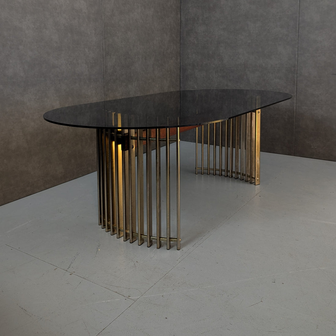 Wallace Furniture Dining Table Australia, Circa 1980s Aged Brass, Timber Stretcher Smoked Glass