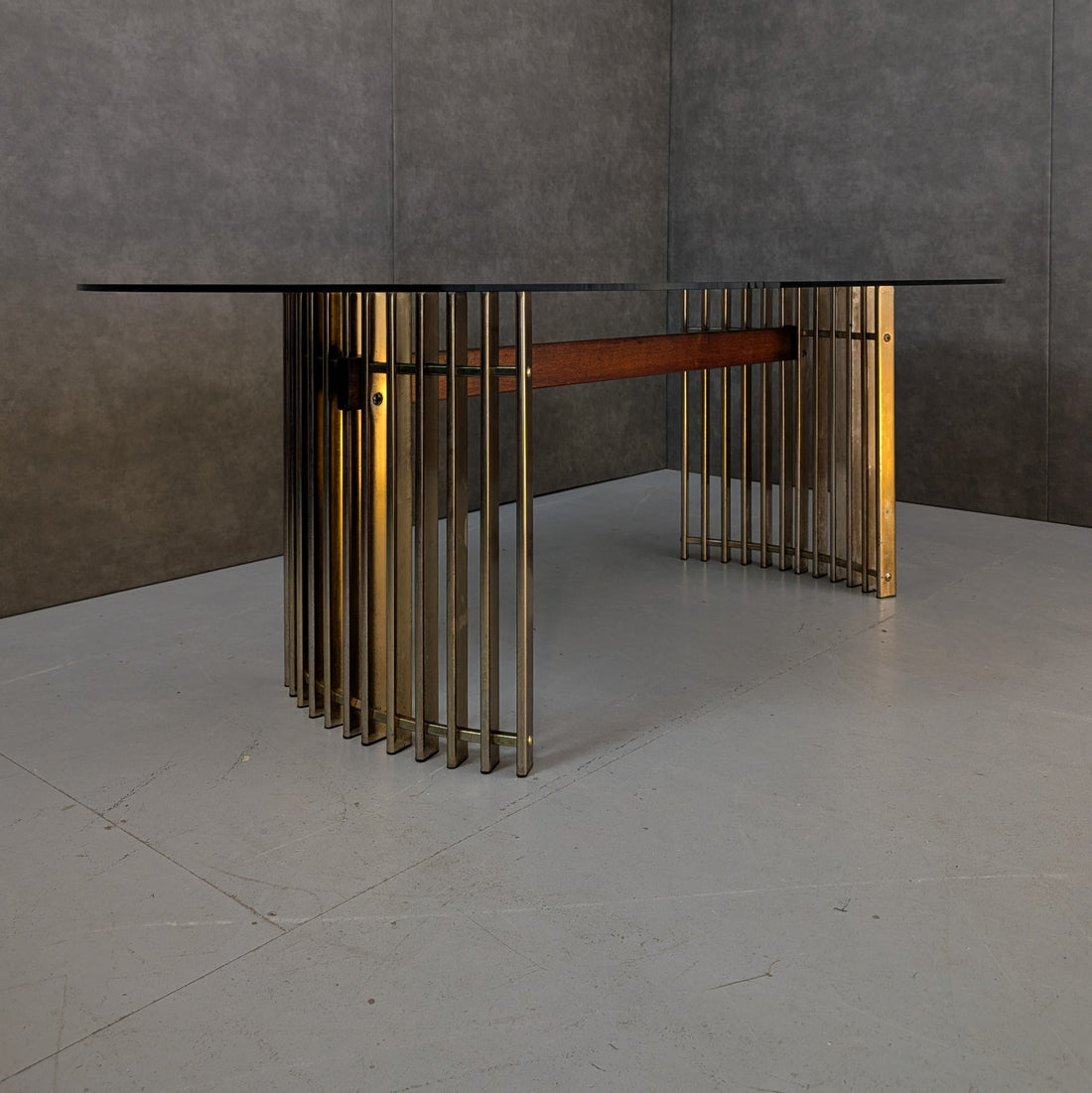 Wallace Furniture Dining Table Australia, Circa 1980s Aged Brass, Timber Stretcher Smoked Glass