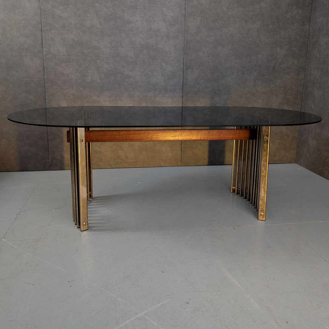Wallace Furniture Dining Table Australia, Circa 1980s Aged Brass, Timber Stretcher Smoked Glass