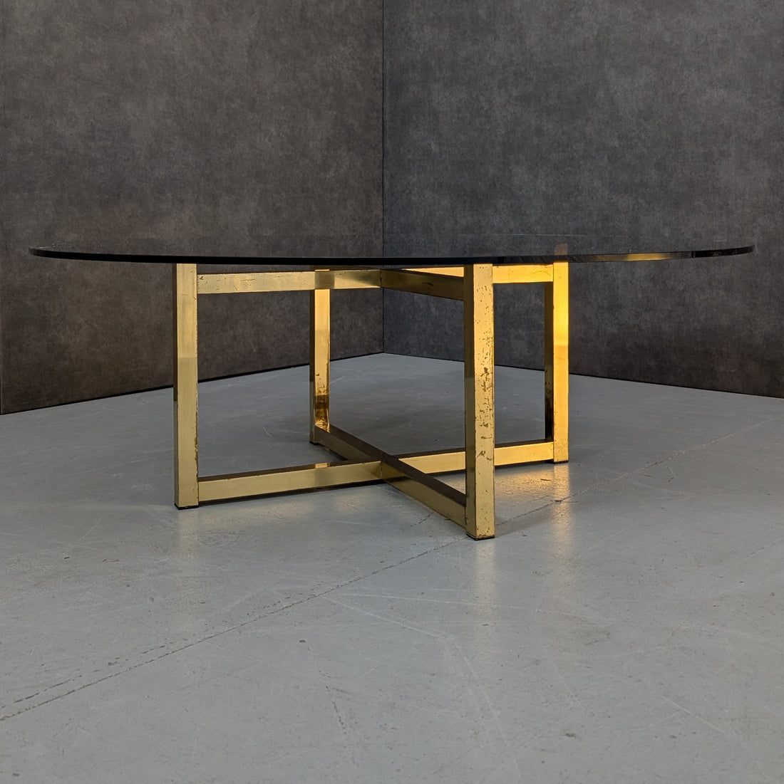 Late 1970s Brass and Smoked Glass Coffee Table in the Manner of Romeo Rega