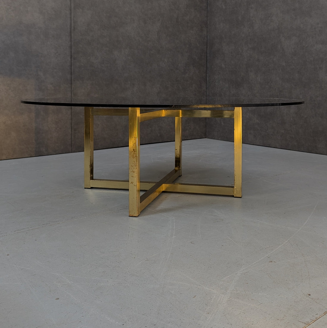Late 1970s Brass and Smoked Glass Coffee Table in the Manner of Romeo Rega