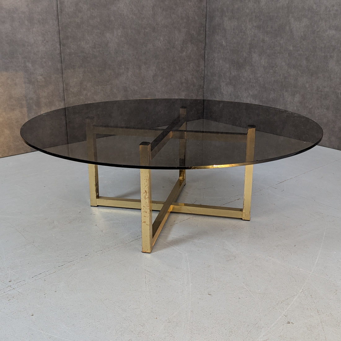 Late 1970s Brass and Smoked Glass Coffee Table in the Manner of Romeo Rega