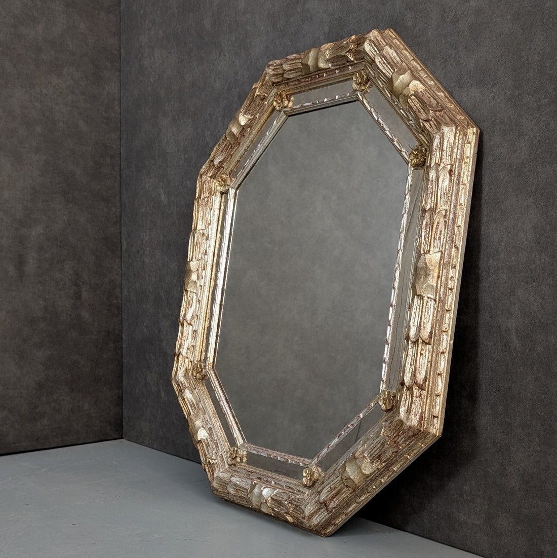 Vintage Octagonal Giltwood Mirror with Églomisé Style Border