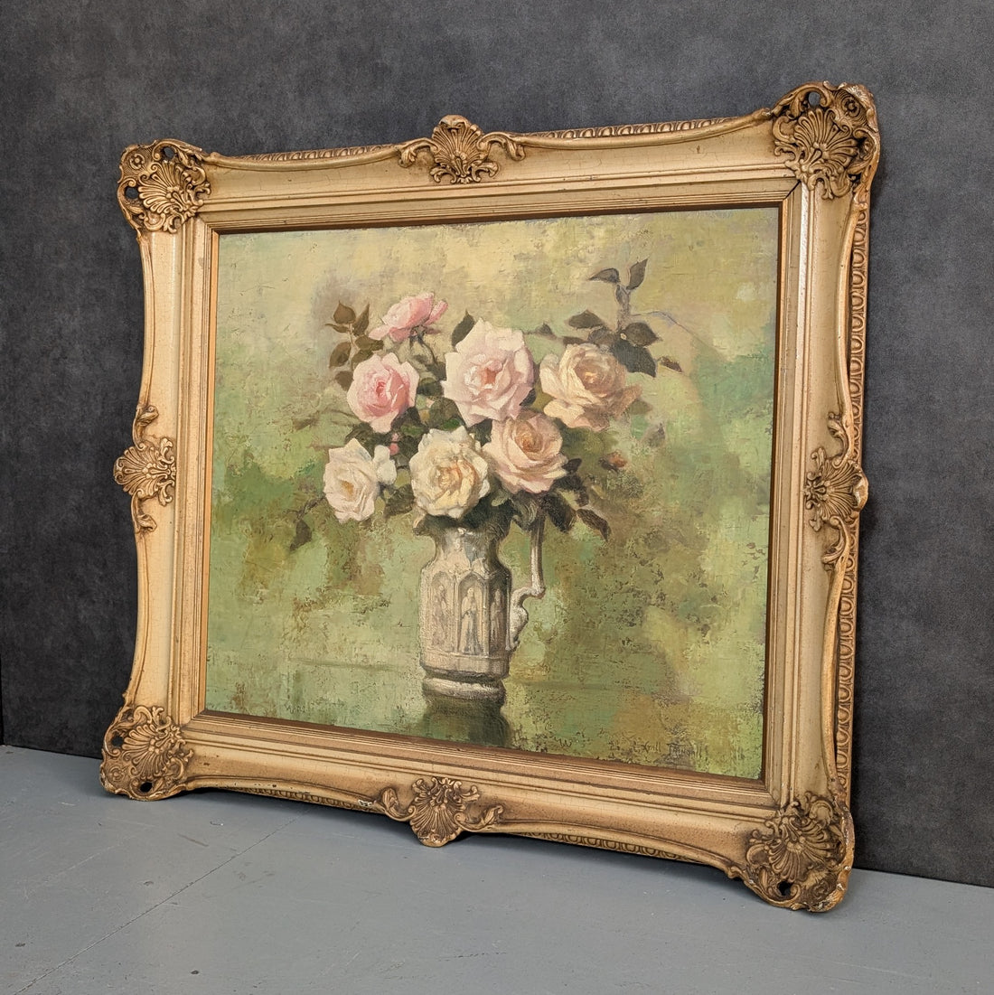 Early 20th Century Floral Oil Painting by Lyall Trindall in French Provincial Gilt Frame