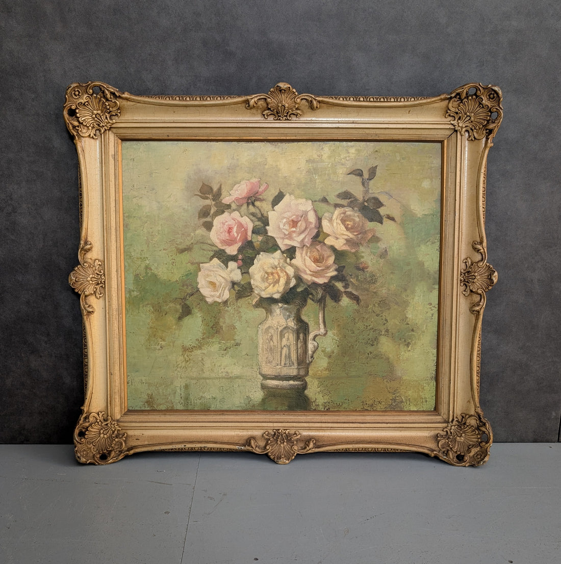 Early 20th Century Floral Oil Painting by Lyall Trindall in French Provincial Gilt Frame