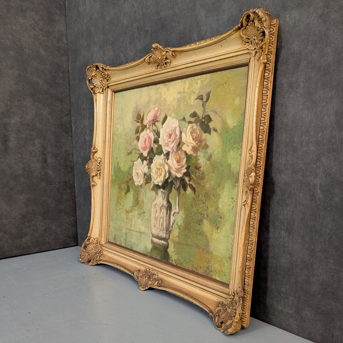 Early 20th Century Floral Oil Painting by Lyall Trindall in French Provincial Gilt Frame