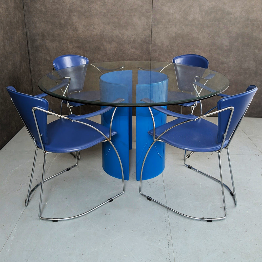 1980s Arrben Blue Leather Dining Chairs with Blue Glass Pedestal Dining Table
