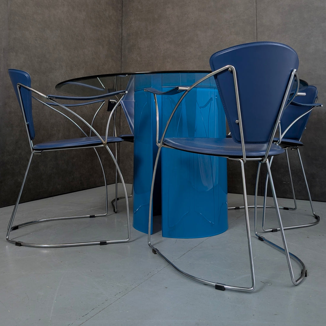 1980s Arrben Blue Leather Dining Chairs with Blue Glass Pedestal Dining Table