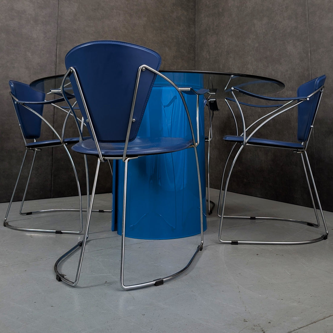 1980s Arrben Blue Leather Dining Chairs with Blue Glass Pedestal Dining Table