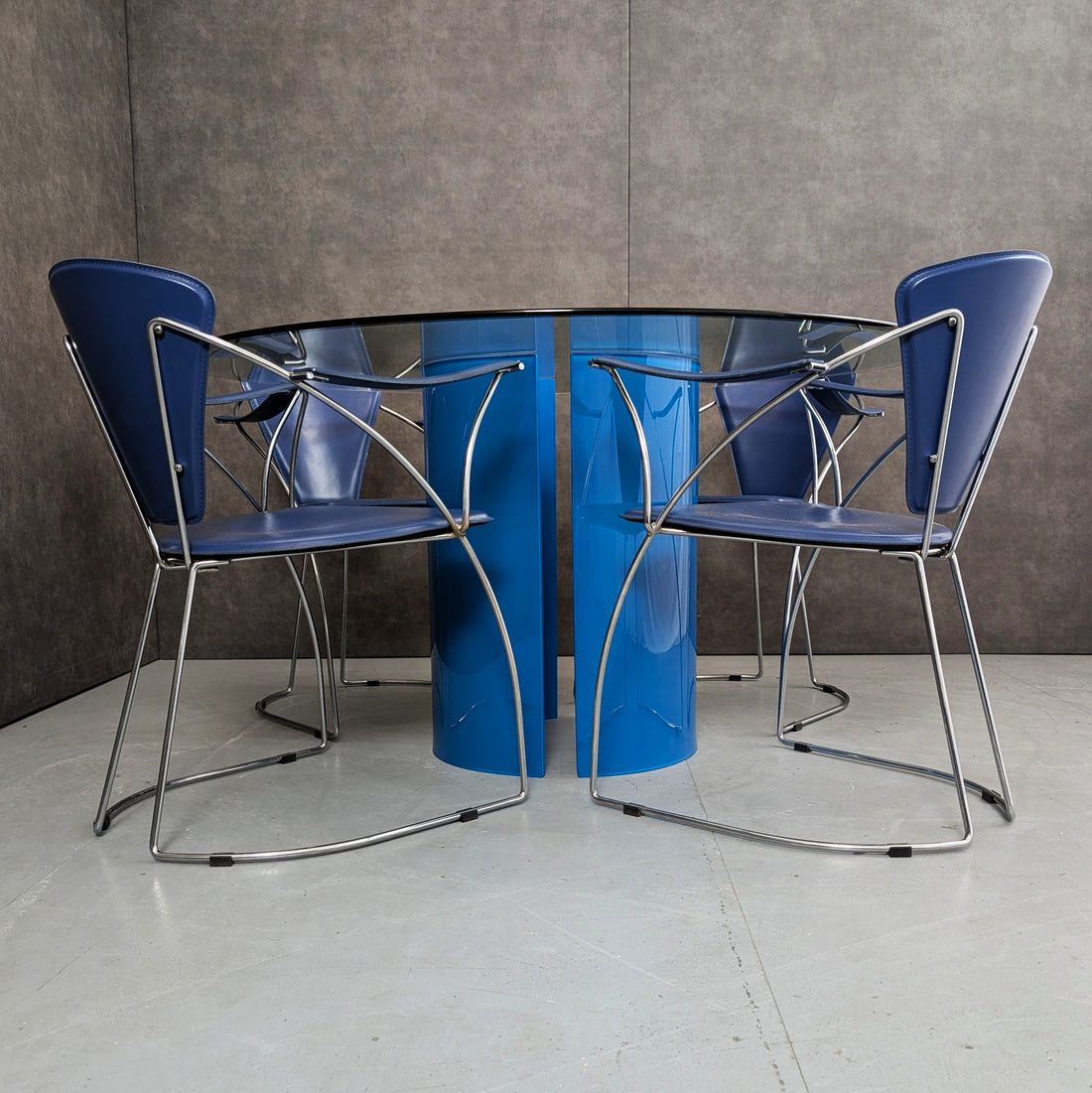1980s Arrben Blue Leather Dining Chairs with Blue Glass Pedestal Dining Table
