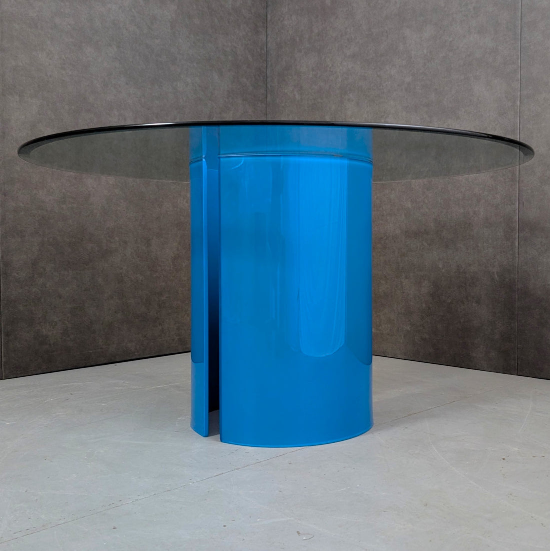 Round Glass Dining Table with Opaque Blue Glass Pedestal