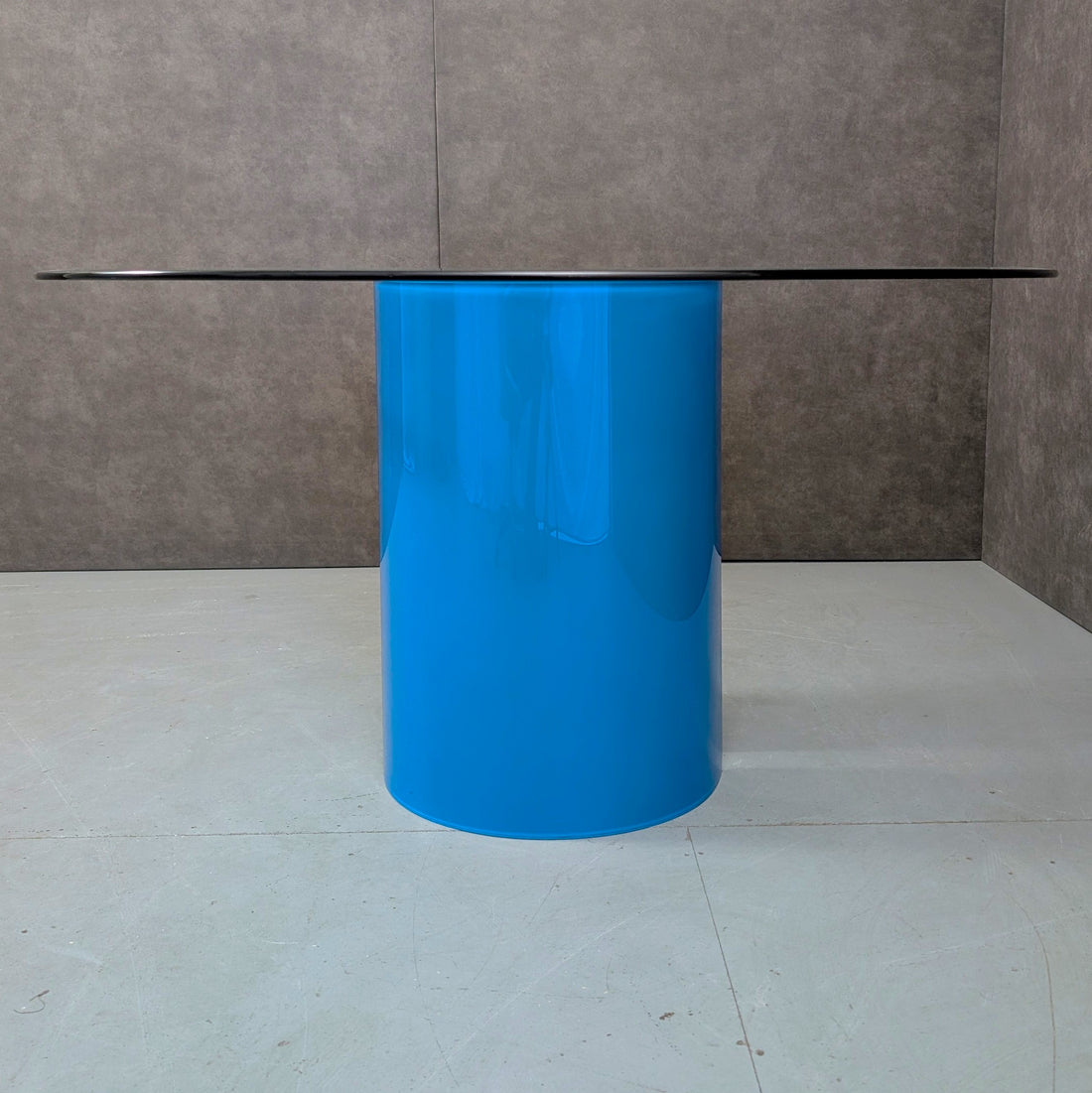 Round Glass Dining Table with Opaque Blue Glass Pedestal