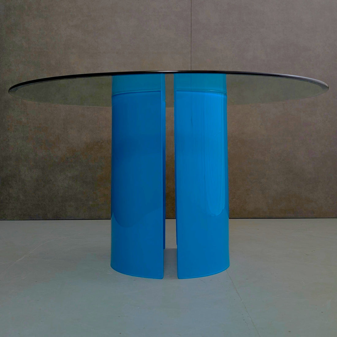 Round Glass Dining Table with Opaque Blue Glass Pedestal