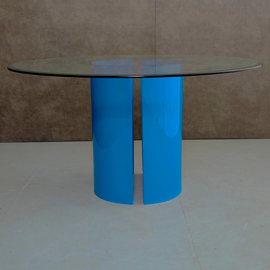 Round Glass Dining Table with Opaque Blue Glass Pedestal