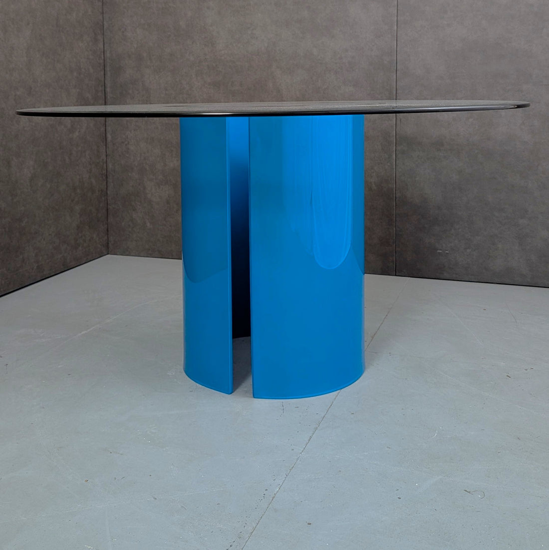 Round Glass Dining Table with Opaque Blue Glass Pedestal