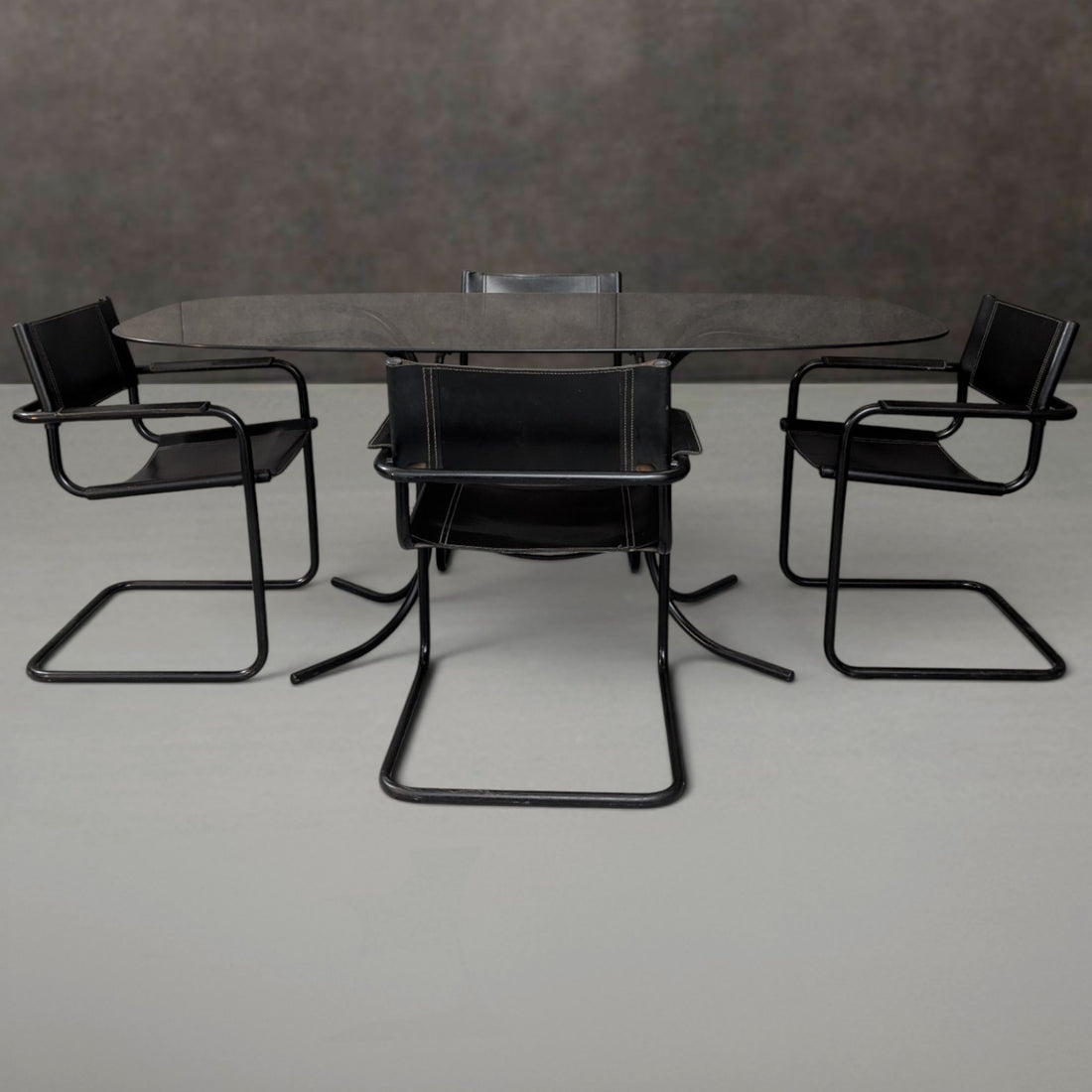 Italian Smoked Glass Dining Table with Matteo Grassi Attributed Chairs Circa 1980