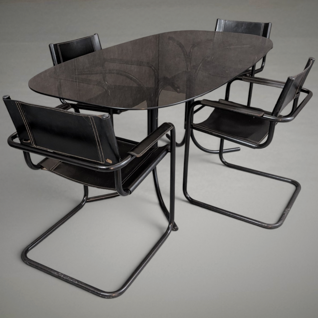 Italian Smoked Glass Dining Table with Matteo Grassi Attributed Chairs Circa 1980