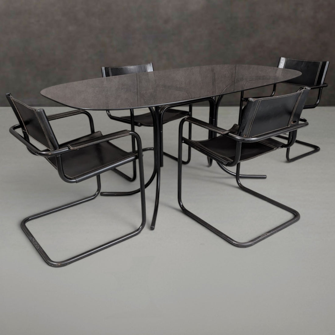 Italian Smoked Glass Dining Table with Matteo Grassi Attributed Chairs Circa 1980