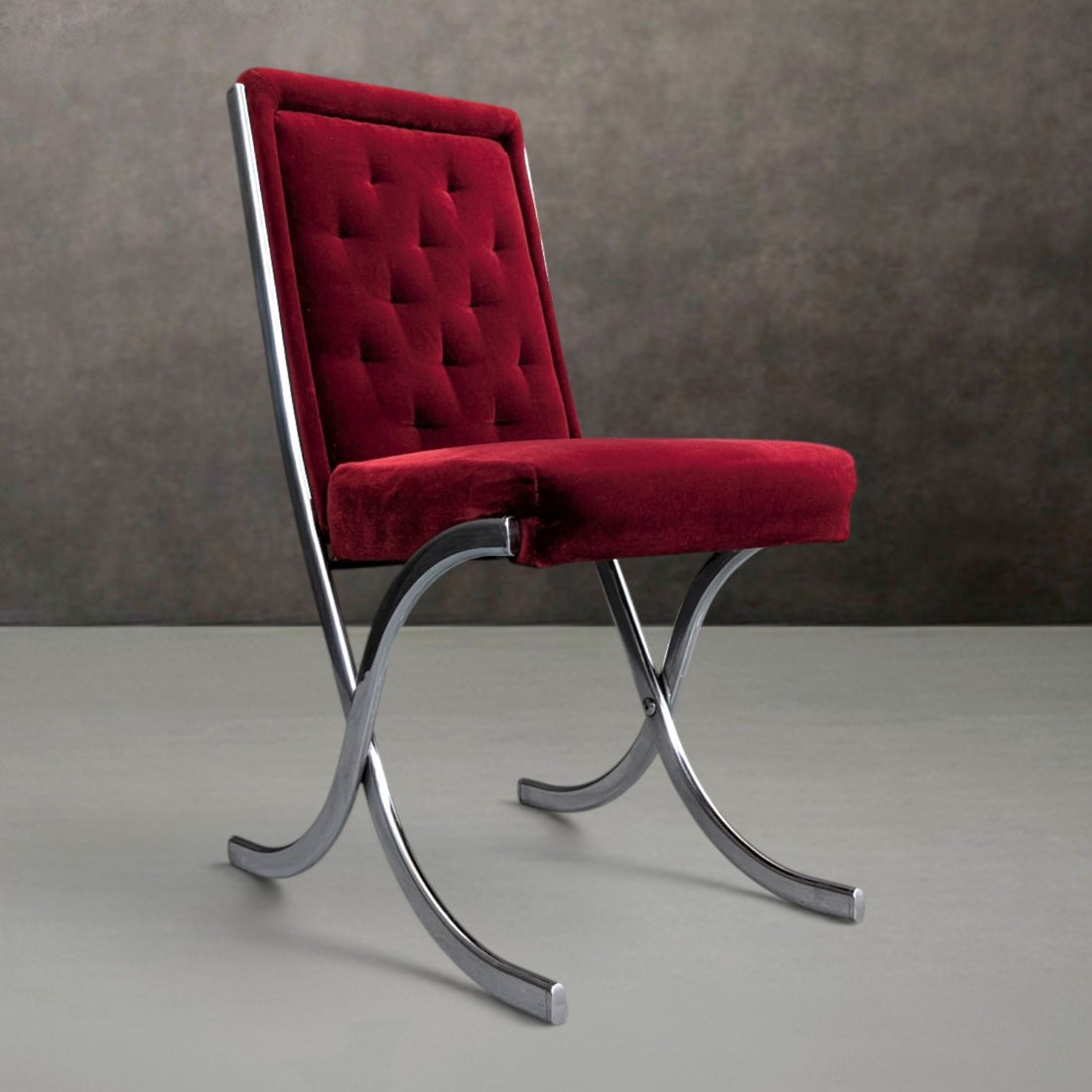 Six (6) Mid Century Chrome and Red Velvet Dining Chairs