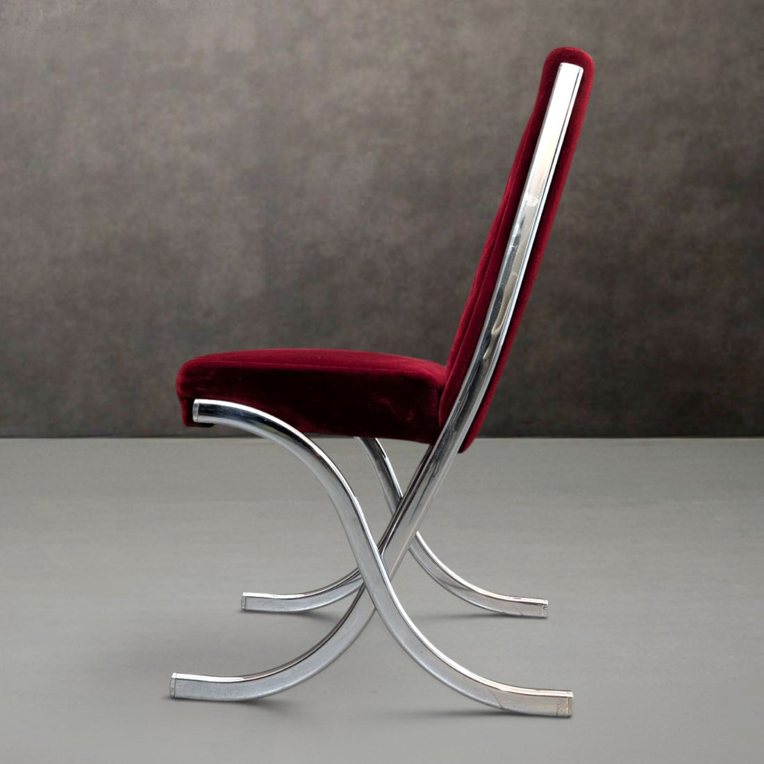 Six (6) Mid Century Chrome and Red Velvet Dining Chairs