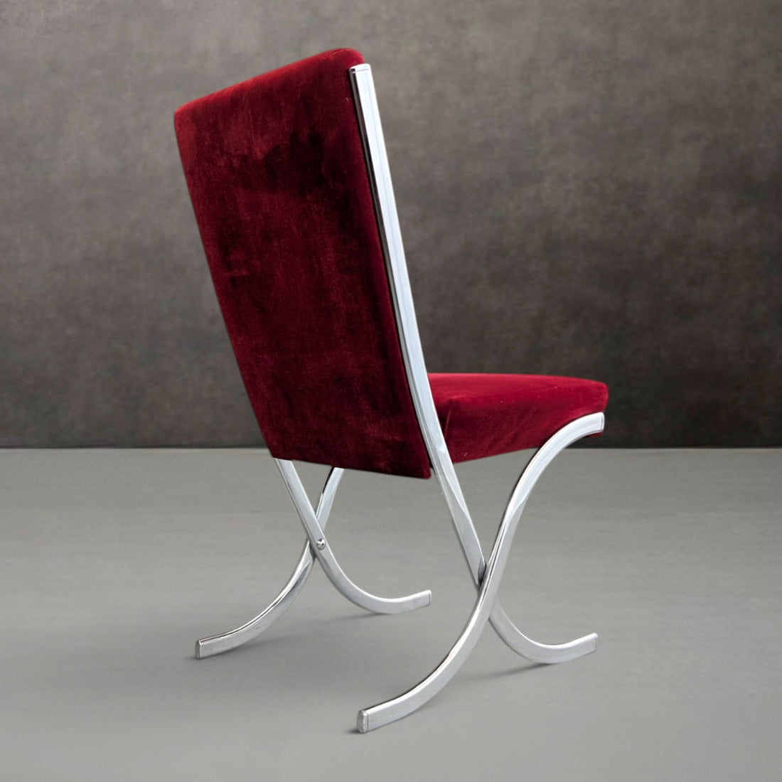 Six (6) Mid Century Chrome and Red Velvet Dining Chairs