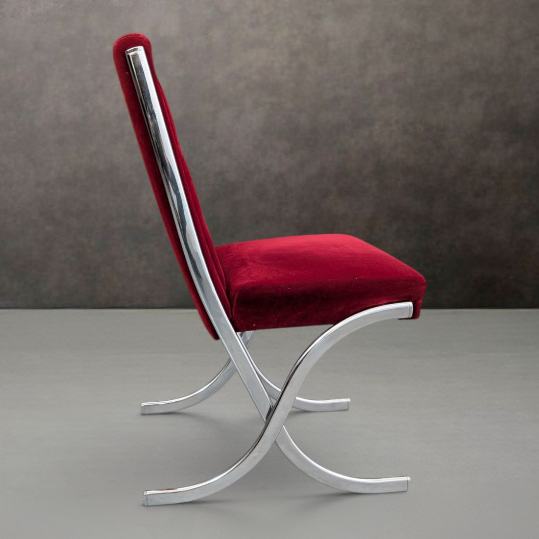 Six (6) Mid Century Chrome and Red Velvet Dining Chairs