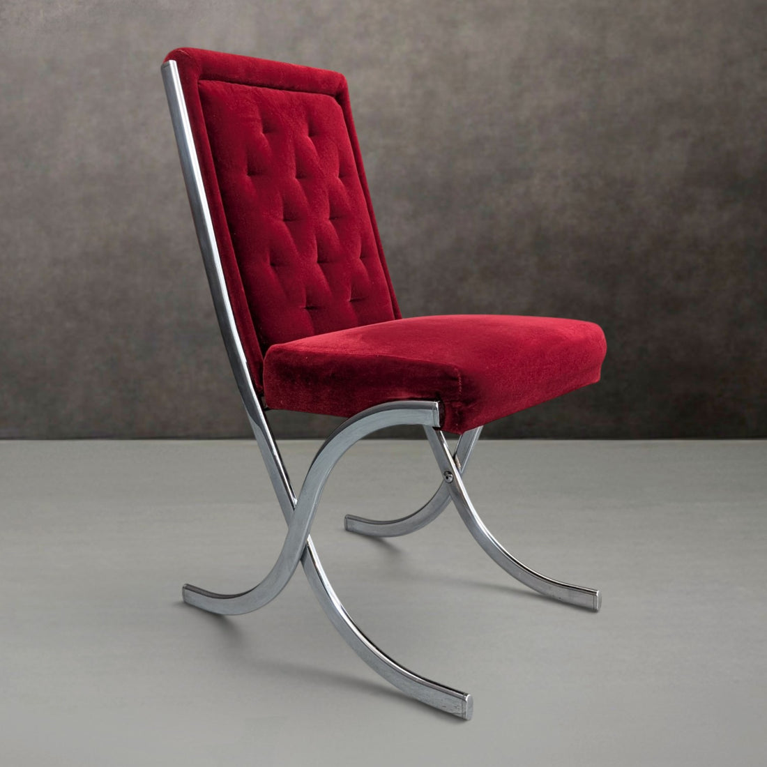 Six (6) Mid Century Chrome and Red Velvet Dining Chairs