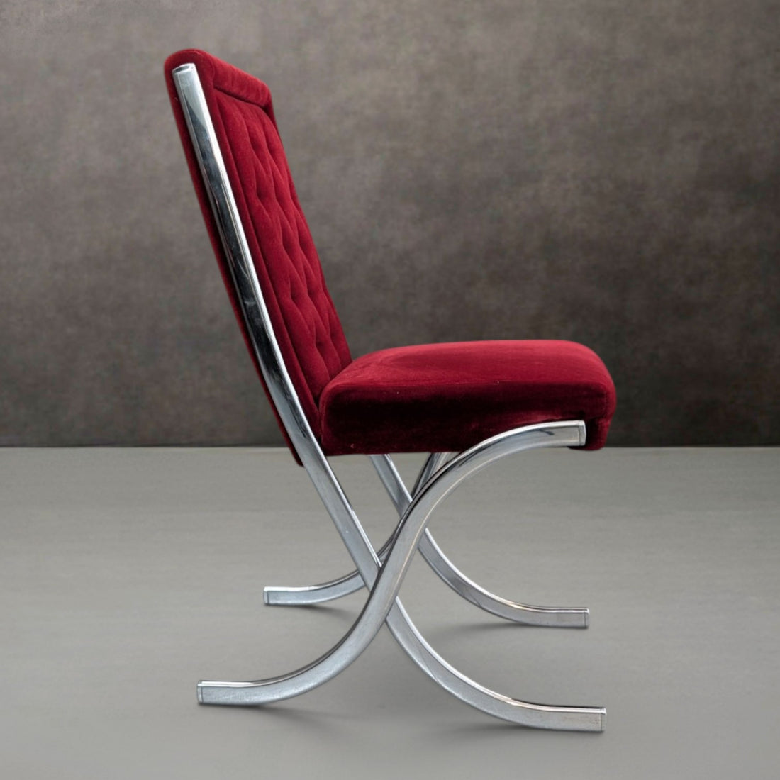 Six (6) Mid Century Chrome and Red Velvet Dining Chairs