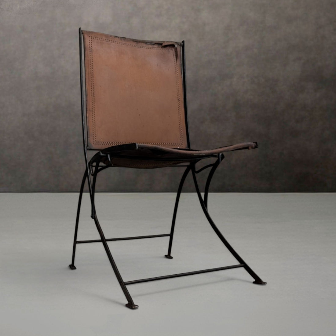 Early to Mid 20th Century French Wrought Iron and Leather Folding Chair