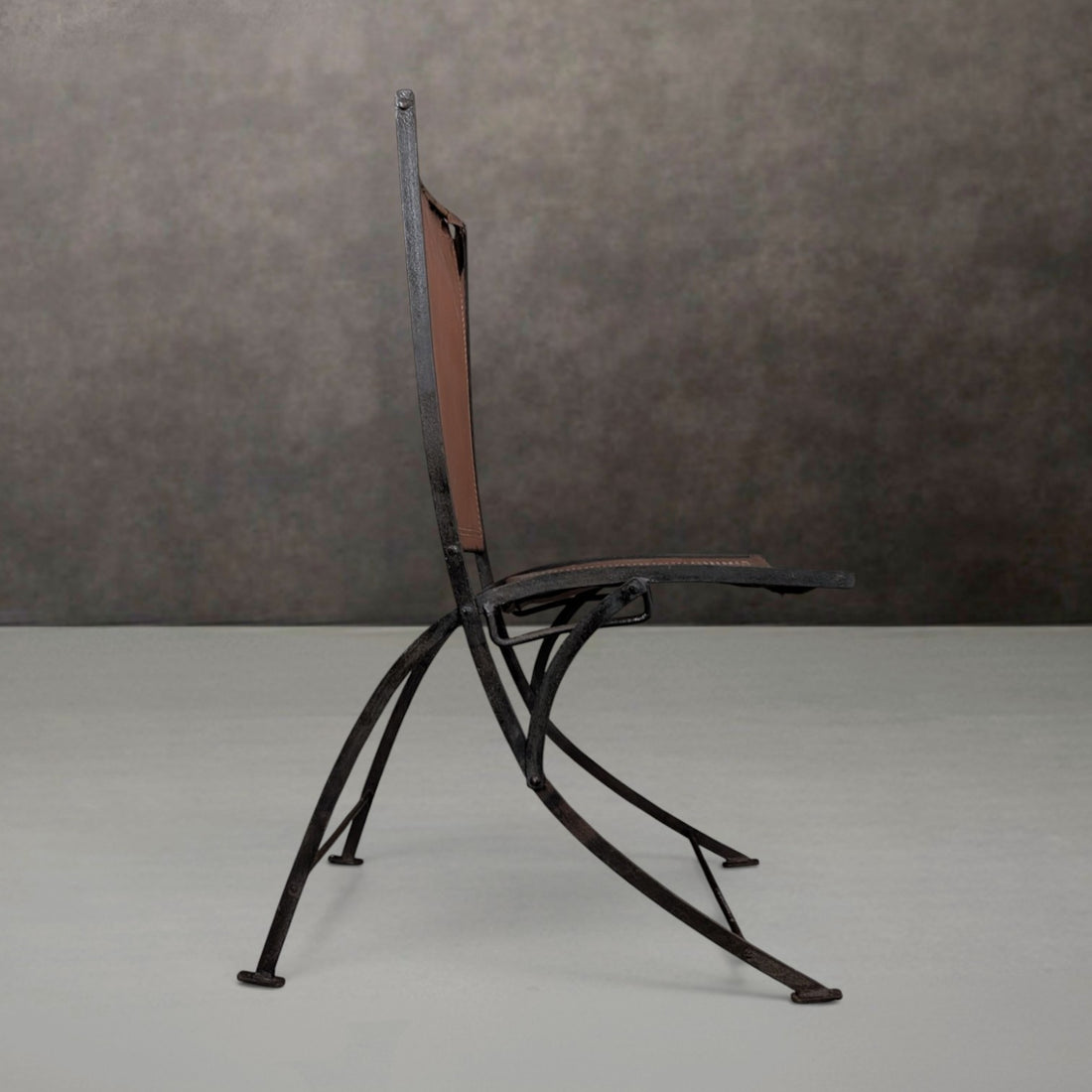Early to Mid 20th Century French Wrought Iron and Leather Folding Chair