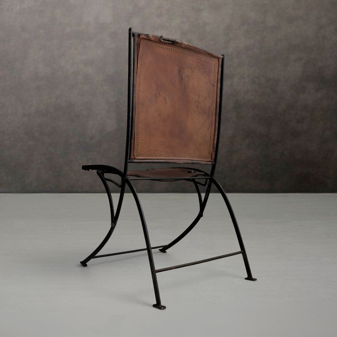 Early to Mid 20th Century French Wrought Iron and Leather Folding Chair
