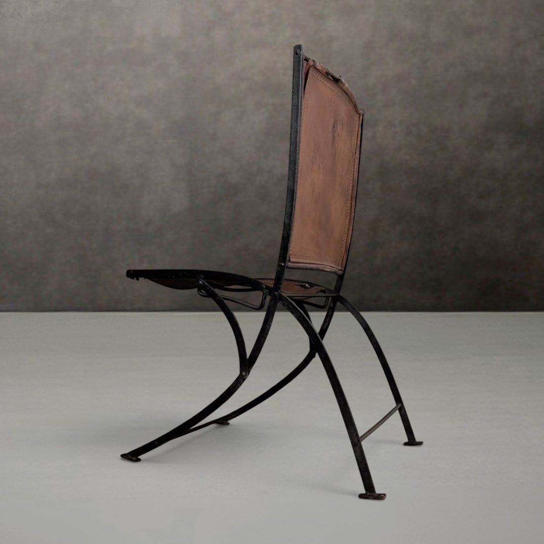 Early to Mid 20th Century French Wrought Iron and Leather Folding Chair