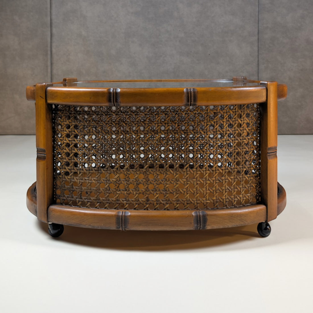 Mid Century Timber Rattan and Glass Oval Coffee Table