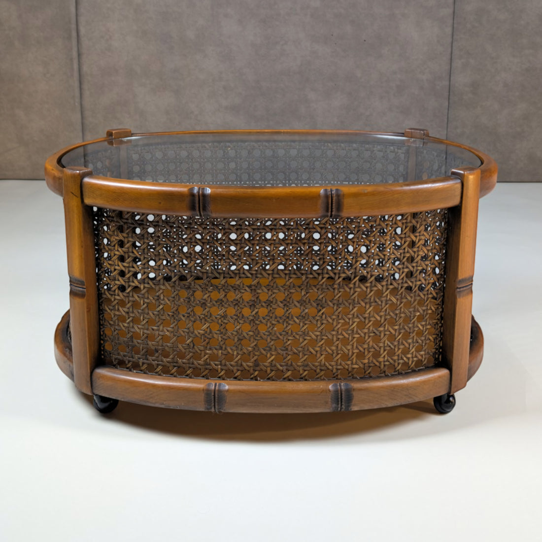 Mid Century Timber Rattan and Glass Oval Coffee Table