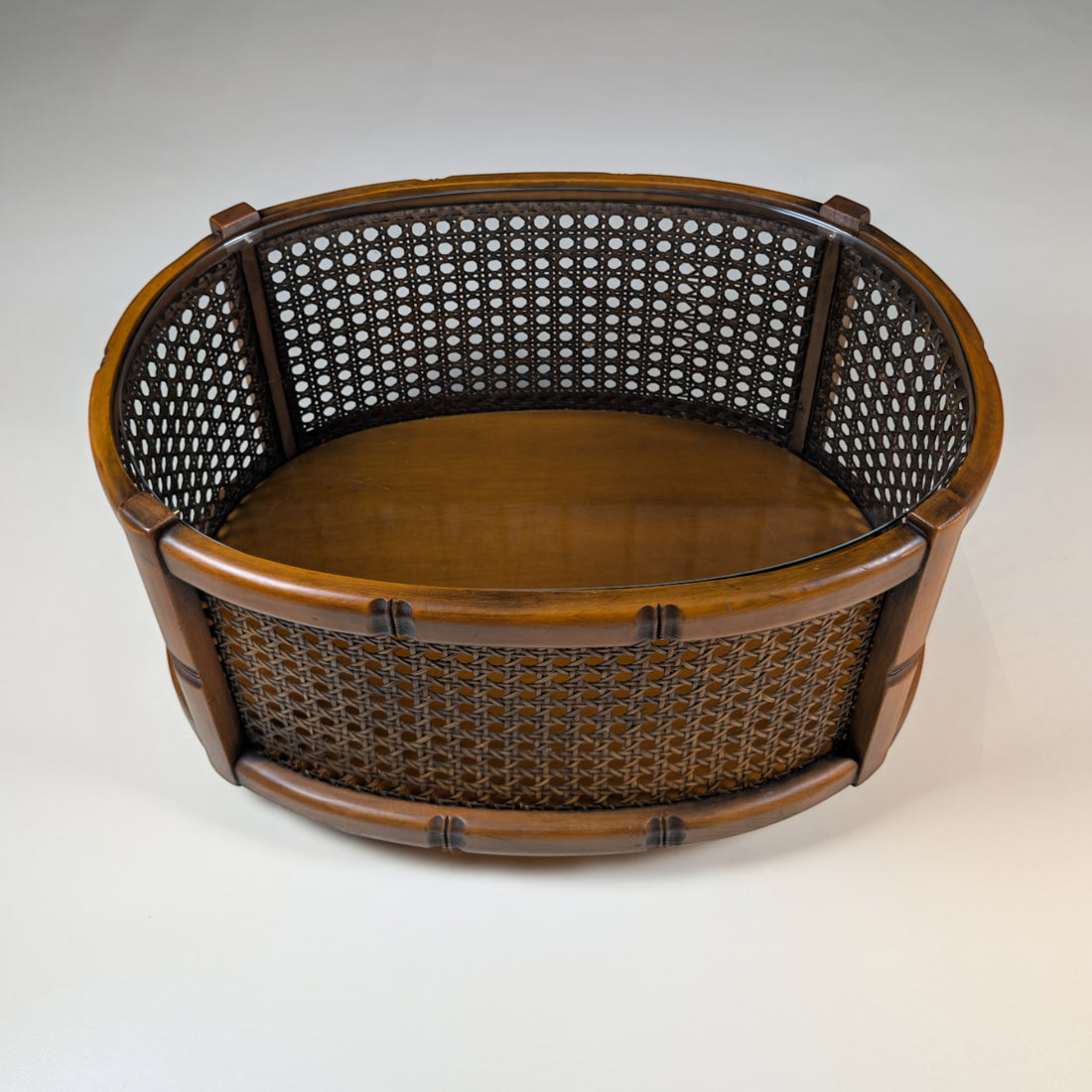 Mid Century Timber Rattan and Glass Oval Coffee Table