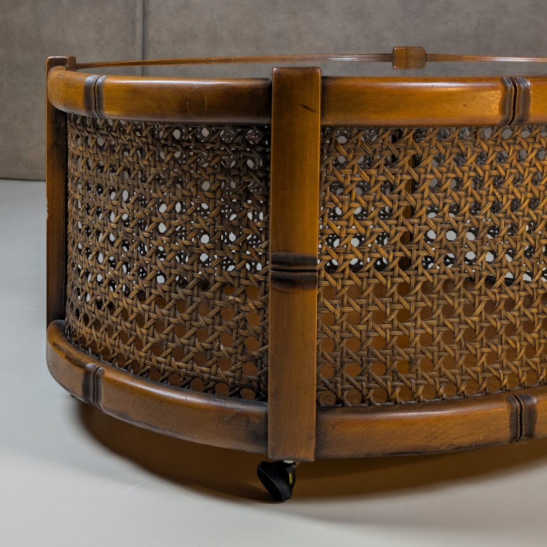 Mid Century Timber Rattan and Glass Oval Coffee Table