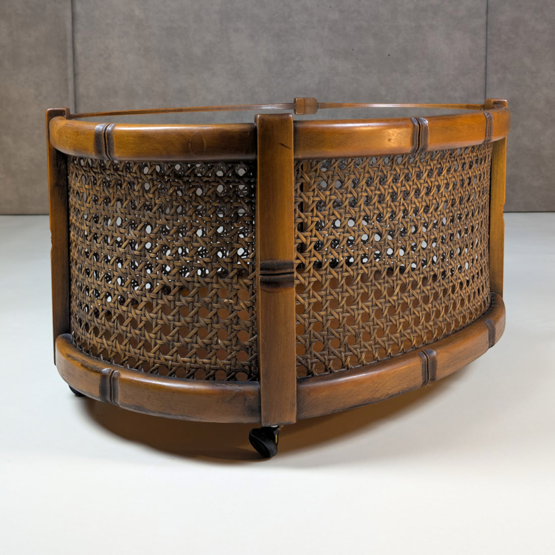 Mid Century Timber Rattan and Glass Oval Coffee Table