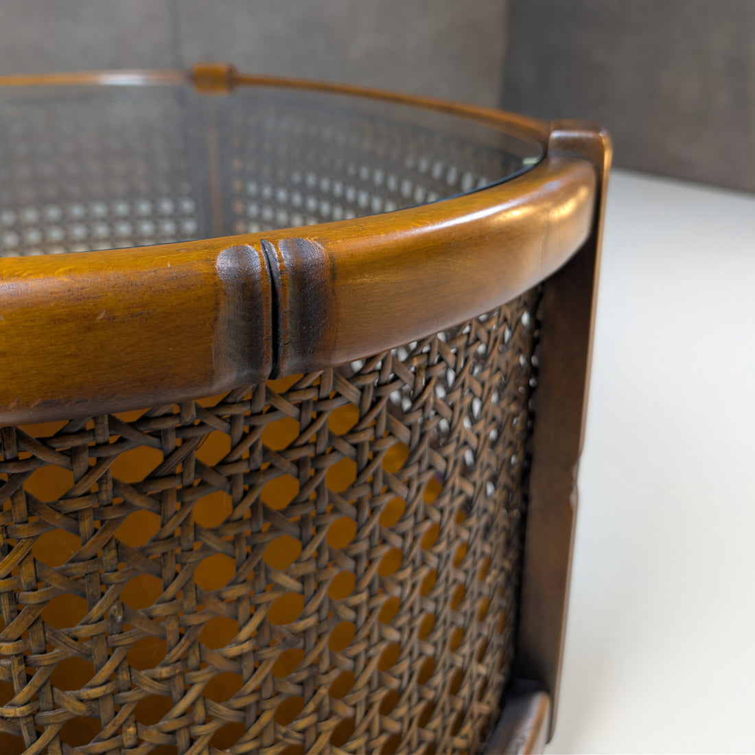 Mid Century Timber Rattan and Glass Oval Coffee Table