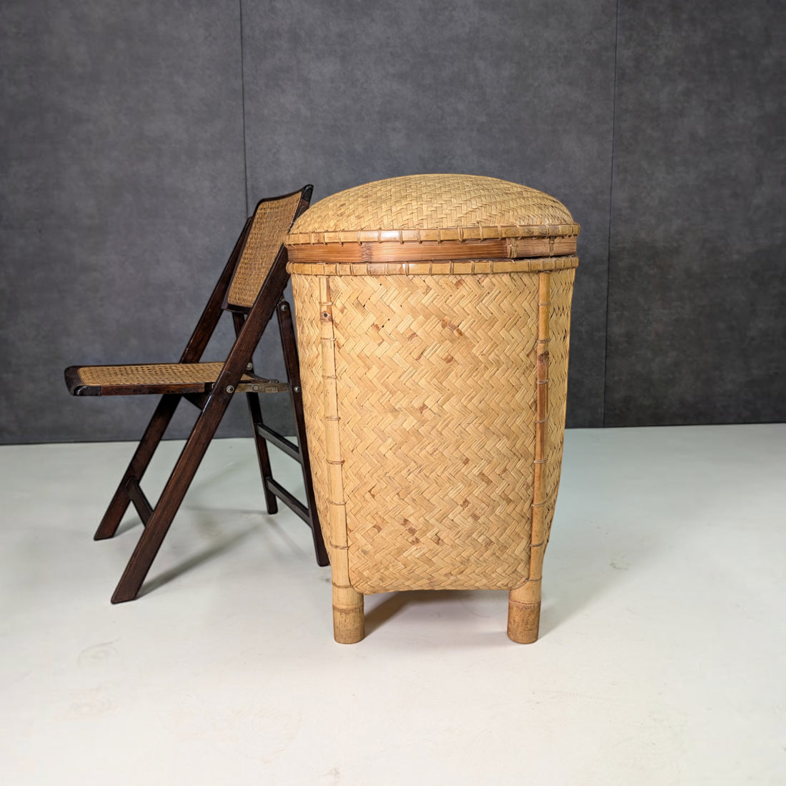 Large Vintage Bamboo and Rattan Lidded Basket
